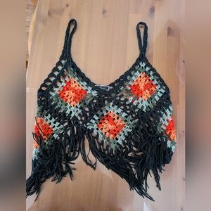 ViVid Crochet Fringe Tank Top in Black with Green & Orange Accents
